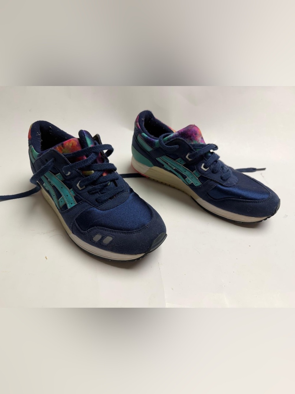 Asics Navy Sneakers with Teal Stripes and Multicolor Collar